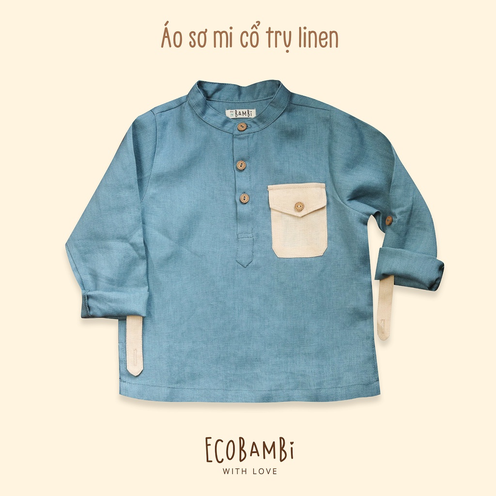 Áo sơ mi cổ trụ linen bé trai
