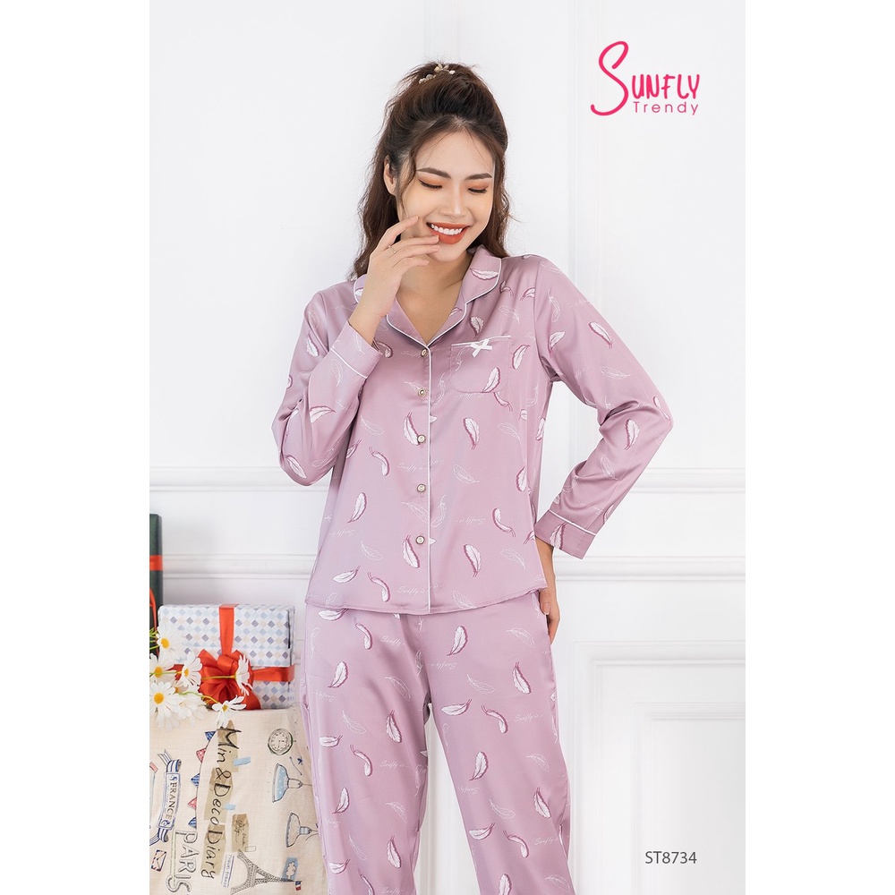ST8734 Bộ đồ mặc nhà nữ pijamas lụa SUNFLY áo dài quần dài
