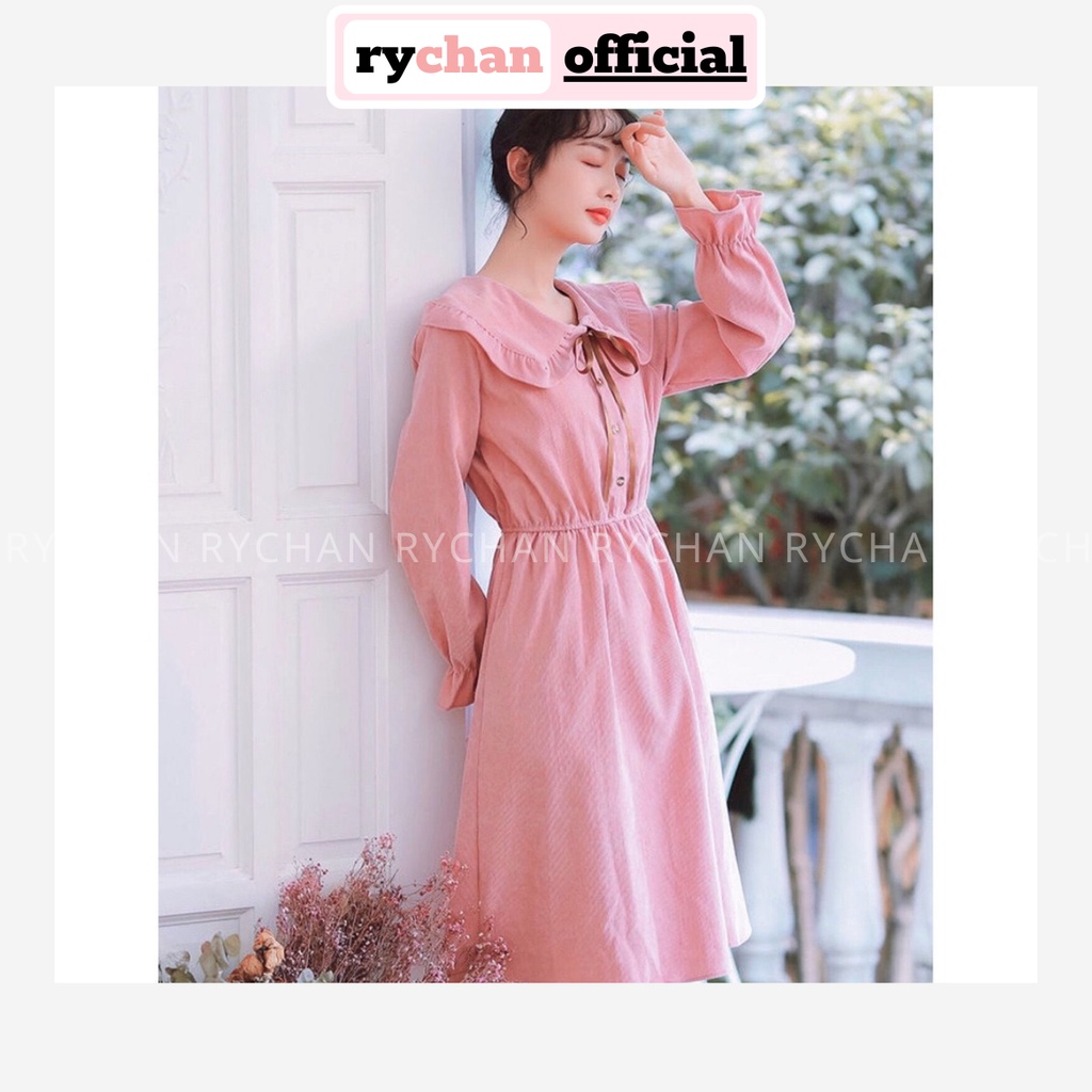 [Ulzzang] Đầm Xòe Babydoll Hồng Nơ Cổ Nhún Eo Tay Dài - DX939