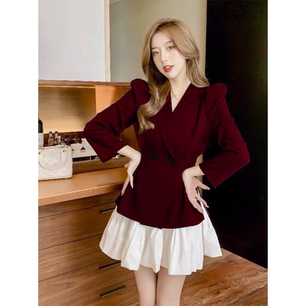 SET ÁO VEST ĐỎ TAY DÀI + CHÂN VÁY BÍ XOÈ ÁNH NHŨ