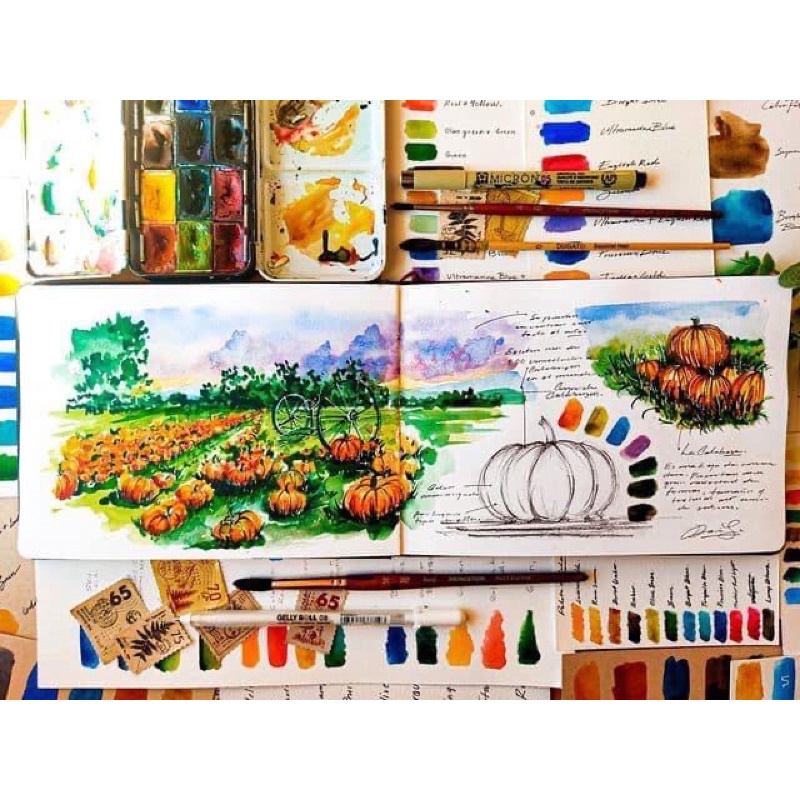 Sổ ngang Seami Art vẽ màu nước 300gsm - A5 A6 Bìa da xinh xắn