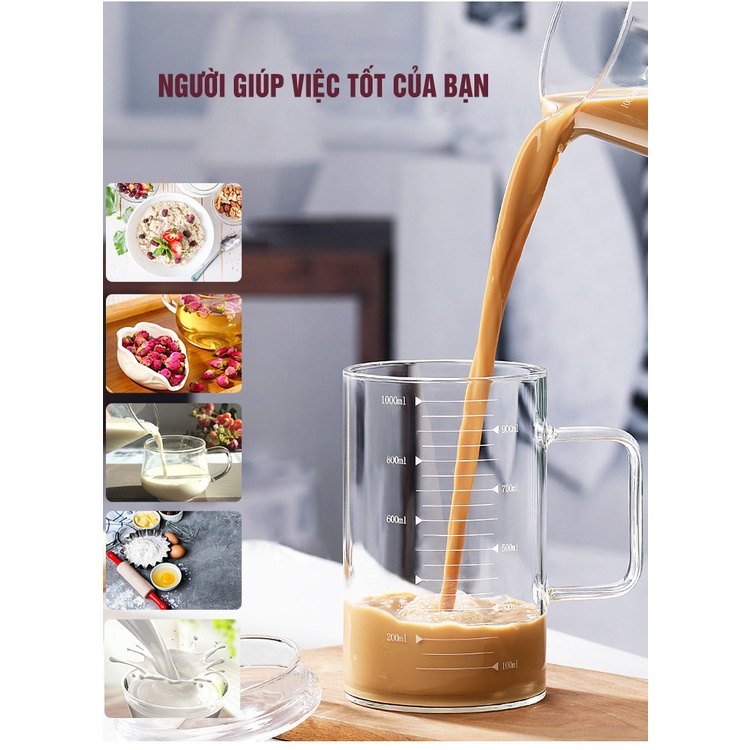 Ca, Bình Thủy Tinh Nắp Gỗ Tre, Chịu Nhiệt, Có Chia Vạch Các Dung Tích 350ml, 500ml, 1.000ml