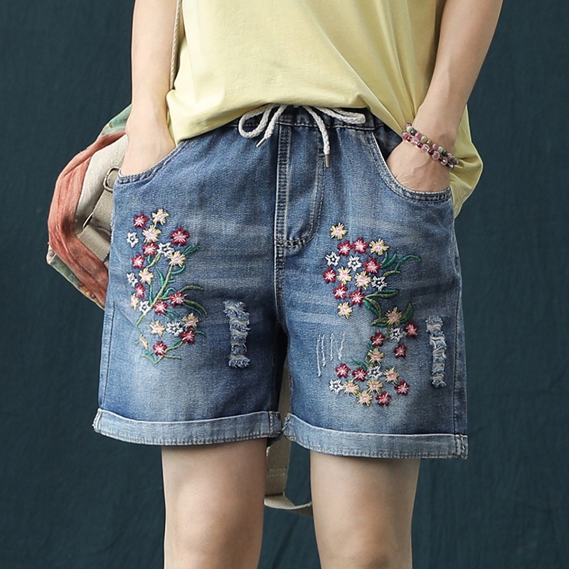 Quần short jean lưng thun thêu họa tiết tùy chọn thời trang dành cho nữ