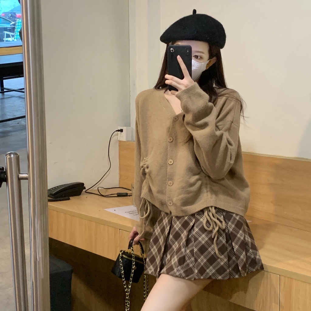 Set áo dệt kim + váy xếp ly kẻ sọc cotton màu cà phê kiểu retro Mỹ nhiều size thời trang cho nữ (có bán lẻ)