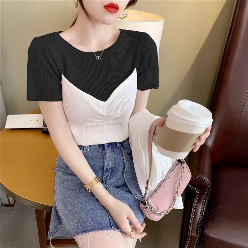 Hàng Mới Về Áo Thun Tay Ngắn Cổ Tròn Giả Hai Lớp Thời Trang Mùa Hè Cho Nữ