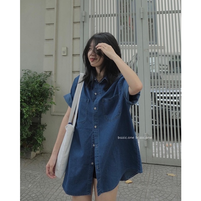 Sơ mi denim cộc tay oversize 2 túi, sơ mi bò form rộng nam nữ ulzzang Bazic one