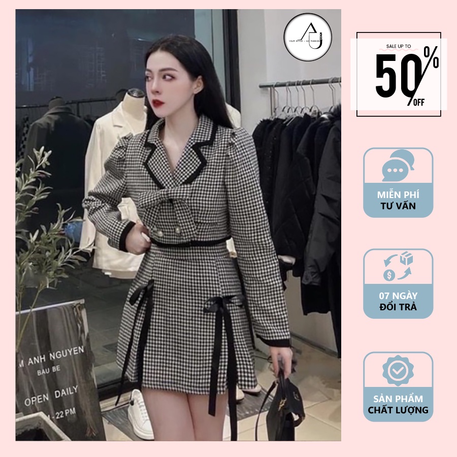 Set Áo Croptop Tay Dài Và Chân Váy Ngắn AU.DESIGN Họa Tiết Sọc Caro Có Nơ Màu Đen FreeSize