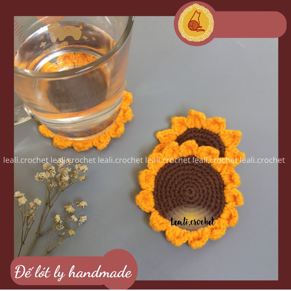 Đế lót ly Handmade hình Hoa Hướng Dương, đế lót cốc làm bằng Len Cotton thấm nước, decor văn phòng