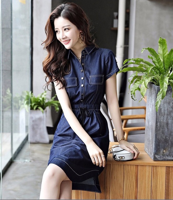 Đầm jean nữ tay ngắn eo thắt dây ôm body