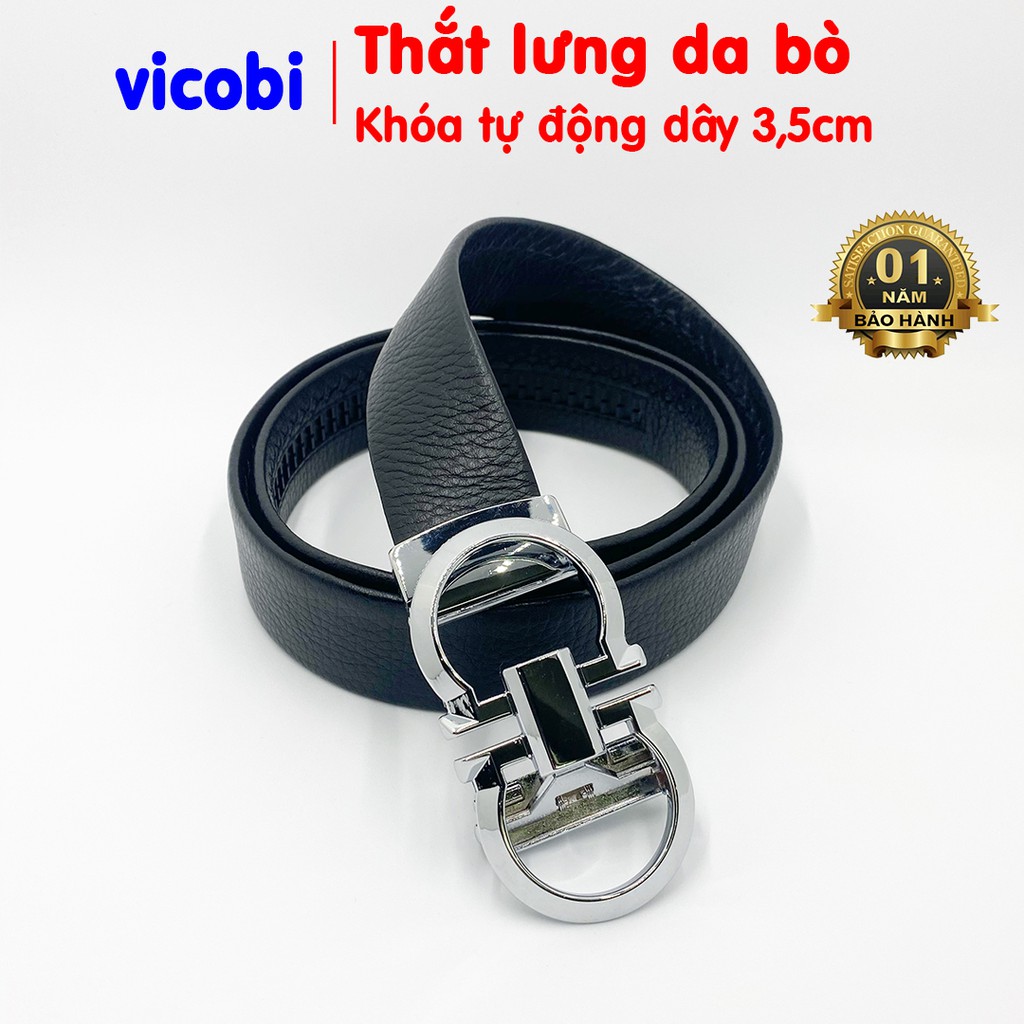 Thắt lưng nam Da Bò Mềm Vicobi, dây nịt khoá tự động màu bạc, dây lưng mặt hợp kim chống rỉ dây 3,5cm, Made in VietNam