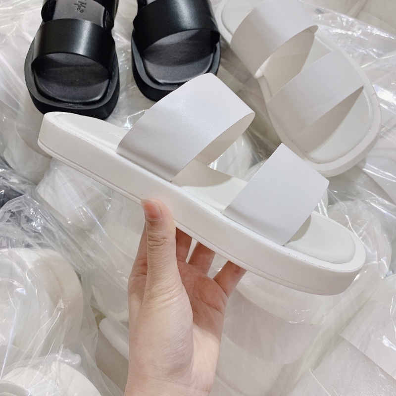 DÉP NỮ 2 QUAI TRƠN MÀU TRẮNG VÀ MÀU ĐEN MÕM VUÔNG ĐẾ CAO 2CM MẪU MỚI