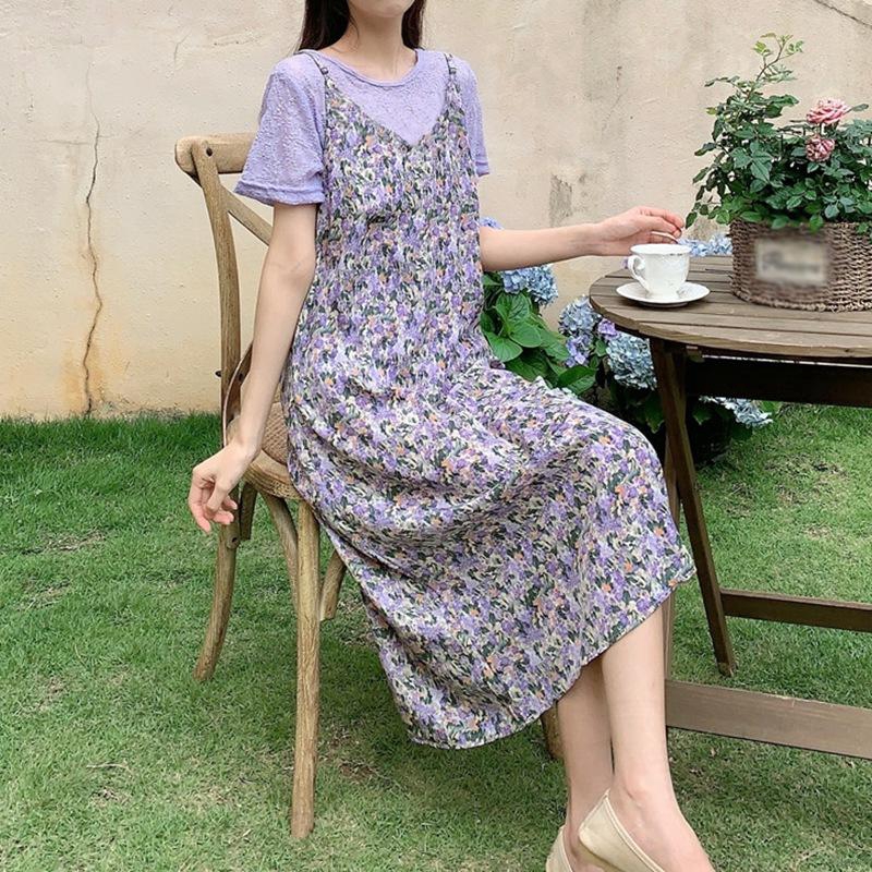 Korean Fashion Wild Floral Slim Retro V-Neck Oil Painting Picture Color Sling Dress