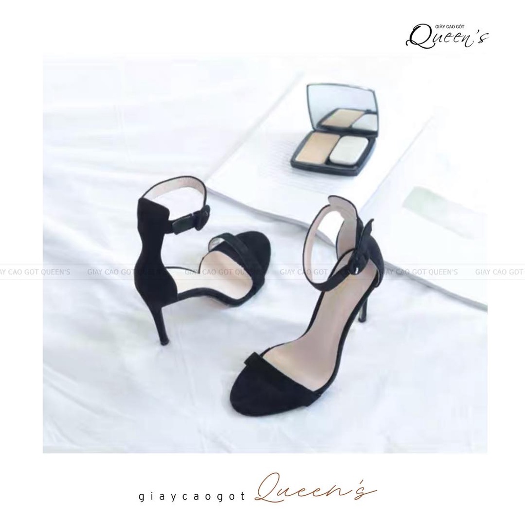 Giày Cao Gót Sandal Màu Đen Bản Lớn Lưng Cao Mang Êm Chân Bít Gót Hở Mũi Gót Nhọn Da Lộn Cao 9-11 Phân Dự Tiệc Cho Nữ
