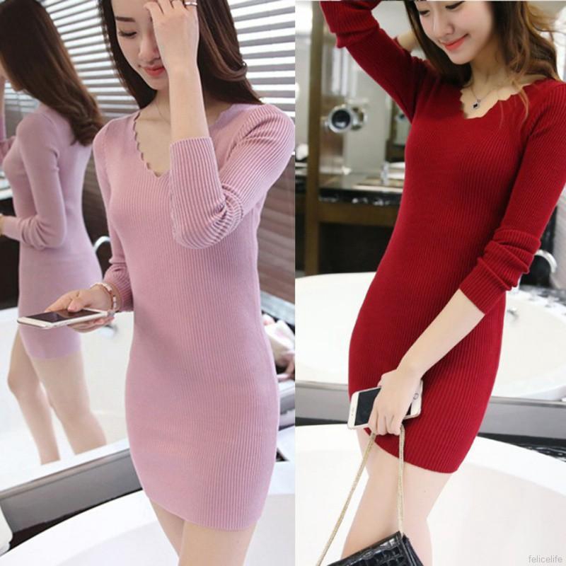 Đầm len tay dài cổ chữ V thanh lịch quyến rũ | BigBuy360 - bigbuy360.vn