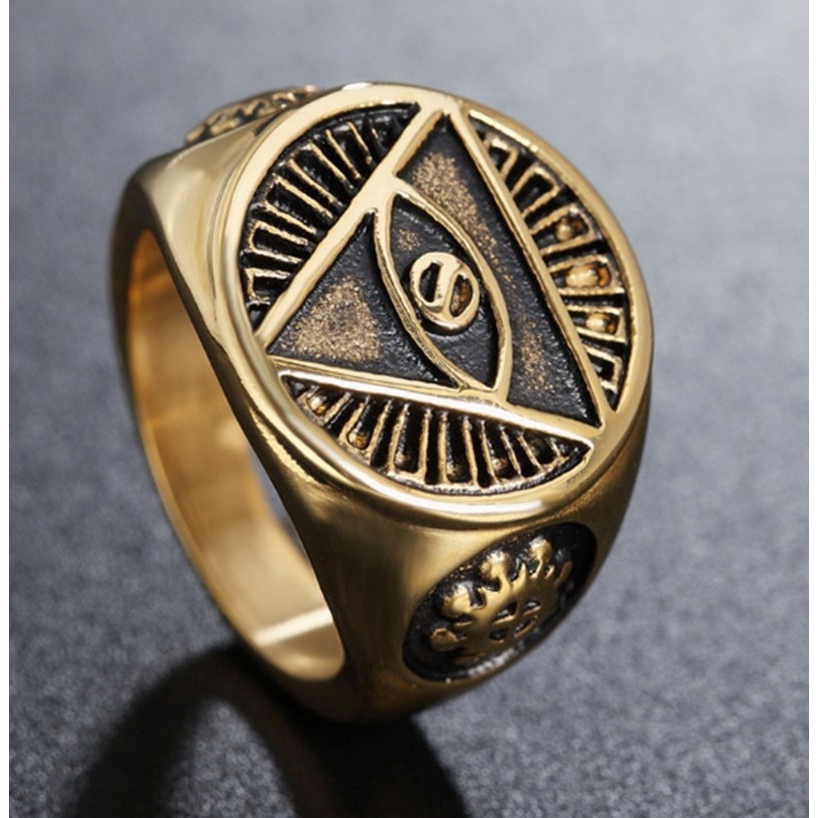 Nhẫn inox họa tiết kim tự tháp illunati phong cách Biker độc đáo