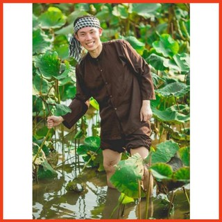 Bộ Quần Áo Bà Ba Miền Nam Màu Nâu Kém Khăn Đội Đẩu Dành Cho Nam