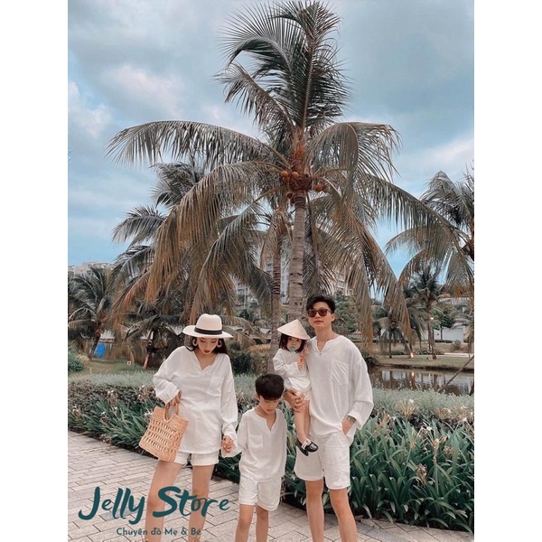 Set đồ bộ Gia Đình đũi tơ trắng, form dài tay cá tính, kèm ảnh thật