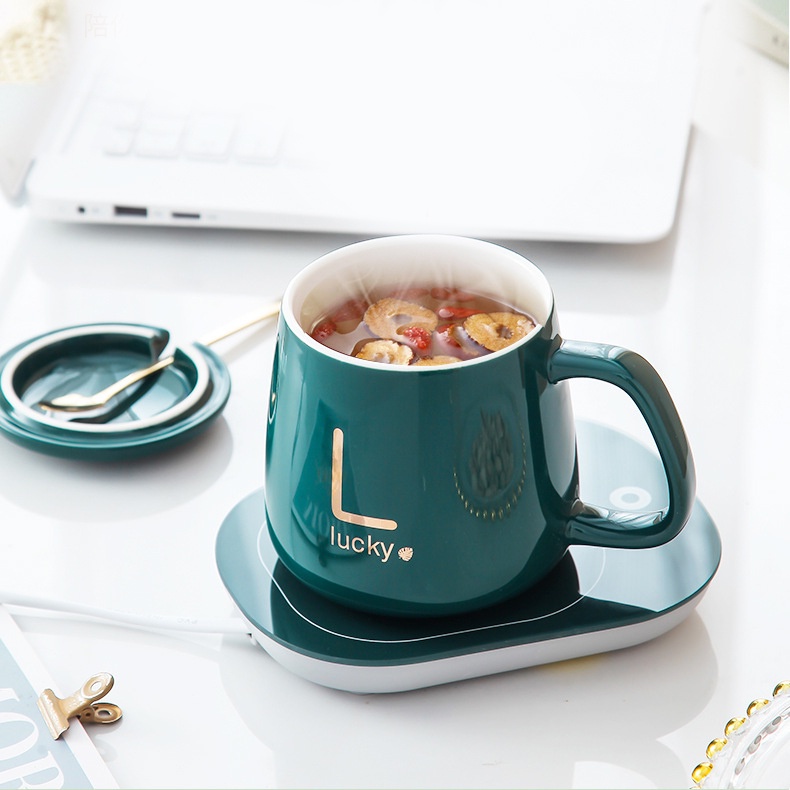 Ly cốc sứ uống trà cafe có nắp Lucky XANH NGỌC kèm đế hâm nóng tự động