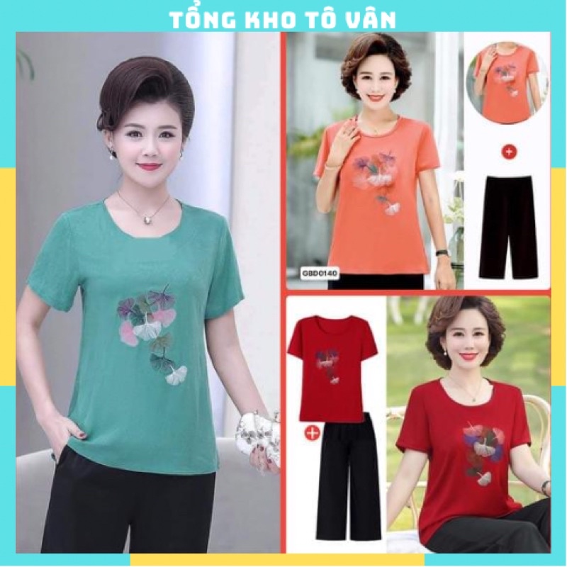 Bộ đồ trung niên cổ tròn thêu hoa ống sớ rộng, bộ trung tuổi ống suông cho các mẹ siêu đẹp
