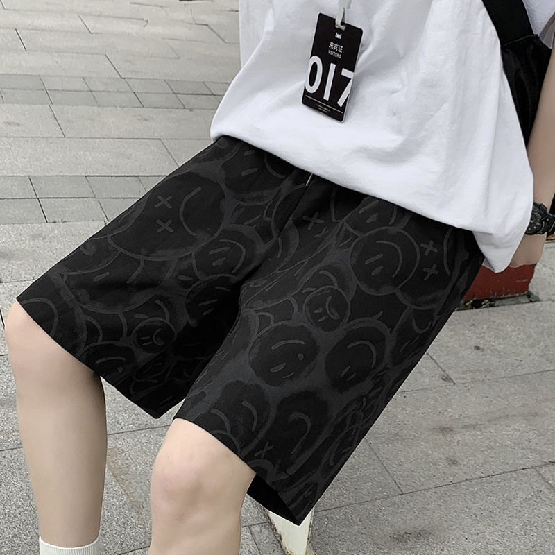 Quần short nam ống rộng in hình mặt cười phong cách hip hop cá tính thời trang