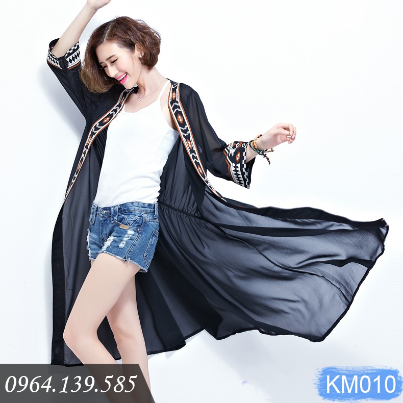 Áo kimono đi biển choàng dáng dài, viền thêu họa tiết thổ cẩm, mẫu mới 2020