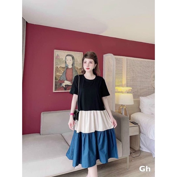 Váy bầu kẻ 3 tầng phối