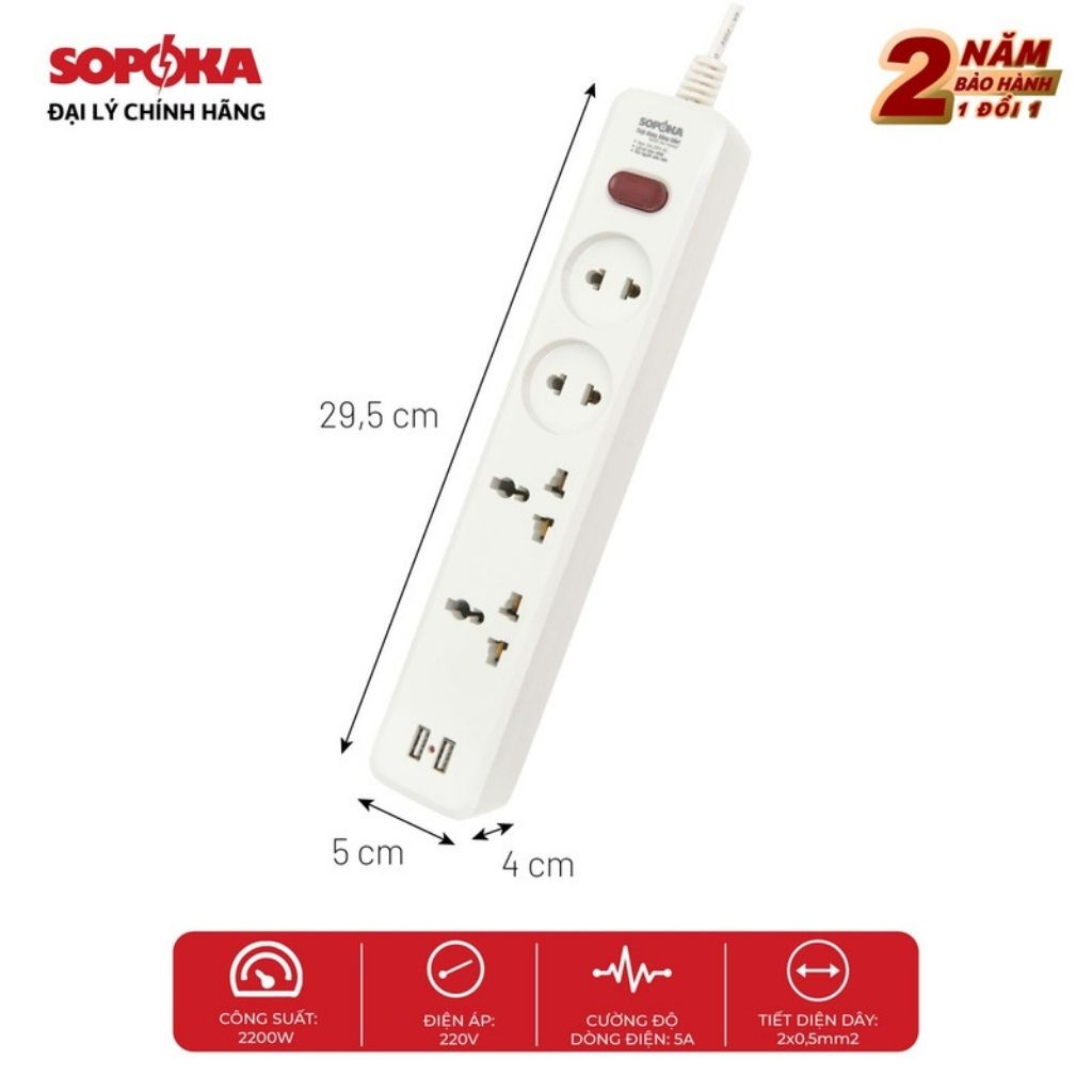 Ổ cắm điện SOPOKA 2 USB 27W 1200-2200W đa năng lõi sứ chống cháy 4U1-4U2 - Ổ cắm văn phòng, gia dụng an toàn tiện lợi