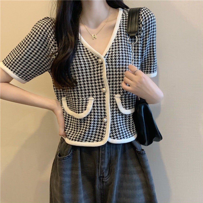 Áo Dệt Kim Ngắn Tay Cổ Chữ v Thời Trang Mùa Hè Cho Nữ