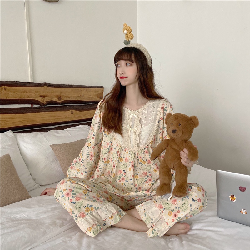 BN19_ Bộ ngủ pijama, bộ mặc nhà dài tay họa tiết hoa nhí phối ren phong cách retro tiểu thư