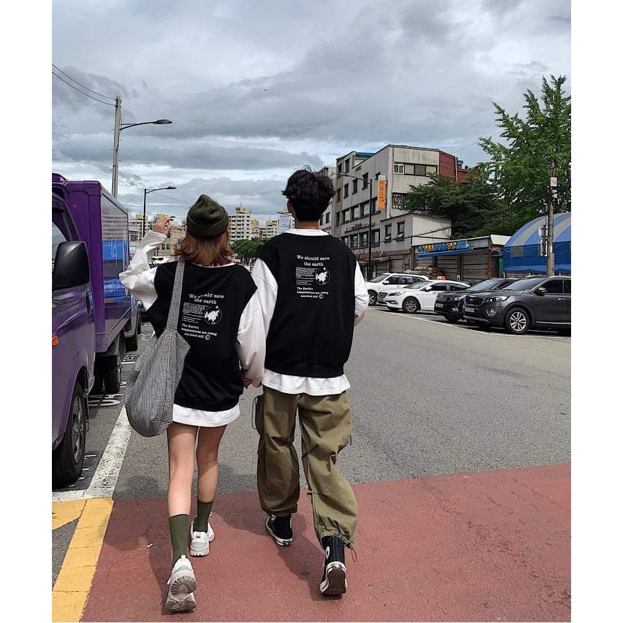 SET GILE NỈ SAVE THE EARTH MIX ÁO THUN TRẮNG DÀI TAY FORM RỘNG | BigBuy360 - bigbuy360.vn