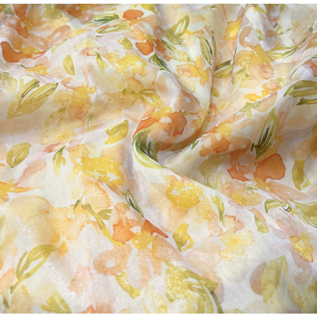 ĐẦM Hoa Vàng Vải Tơ Tằm Ánh Kim Tôn Dáng Tay Cánh Tiên BEM Studio