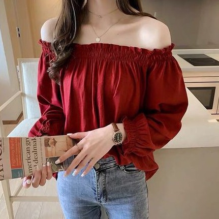 Áo kiểu trễ vai màu đỏ thời trang công sở xinh xắn có kích thước lớn