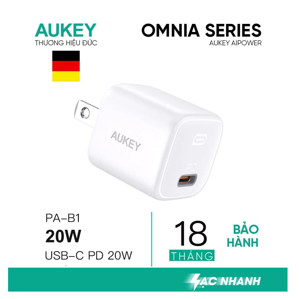 Củ sạc nhanh AUKEY 20W PA-B1/PA-B1 Pro,Cáp sạc Nhanh CB-CL3 0.9m USB-C to L,Bảo Hành 18T