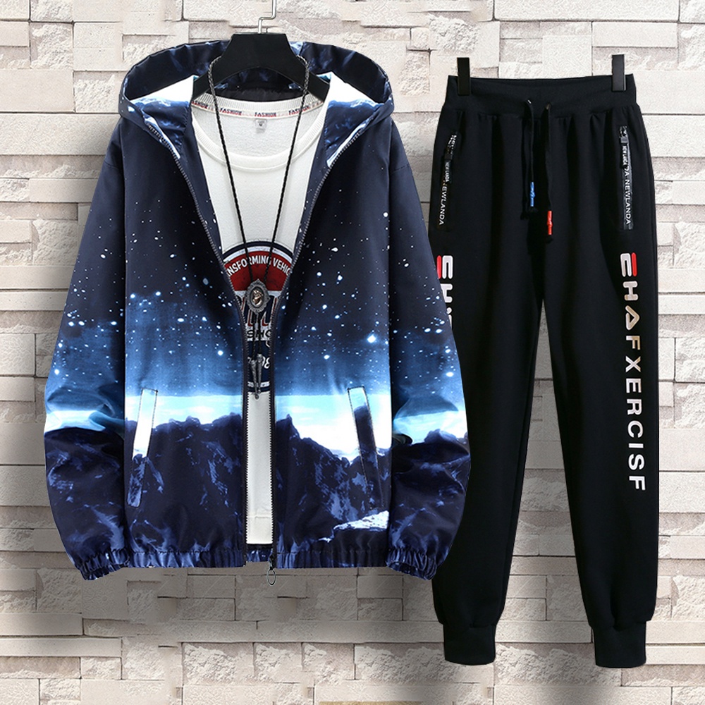 Bộ Đồ Thu Đông Nam Áo Khoác Nhẹ Mũ Trùm Đầu In Hình Phong Cảnh Phối Quần Jogger Bo Gấu ZENKODLMEN  SET NAM 90000131C