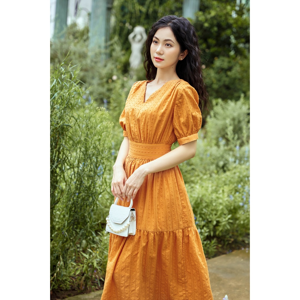 Váy thiết kế cổ V tay bồng chất vải boil màu cam cháy YV20 Orin YAME