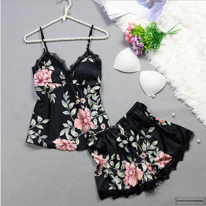 Bộ Đồ Ngủ Lụa Satin 2 Món Phối Ren Cổ Chữ V + Quần Dài Cho Nữ