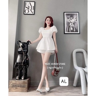 Set áo cổ vuông tay phồng + quần ngắn