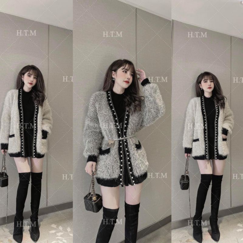 Áo Khoác Cardigan Nữ Ms.0224 Áo Khoác Lông Dáng Dài Phối Viền Ngọc Sang Chảnh, Chất Len Lông