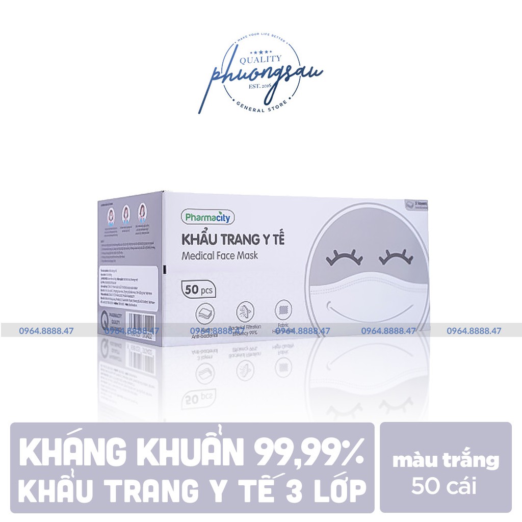 Khẩu trang y tế 3 lớp màu trắng Pharmacity (50 cái/hộp)