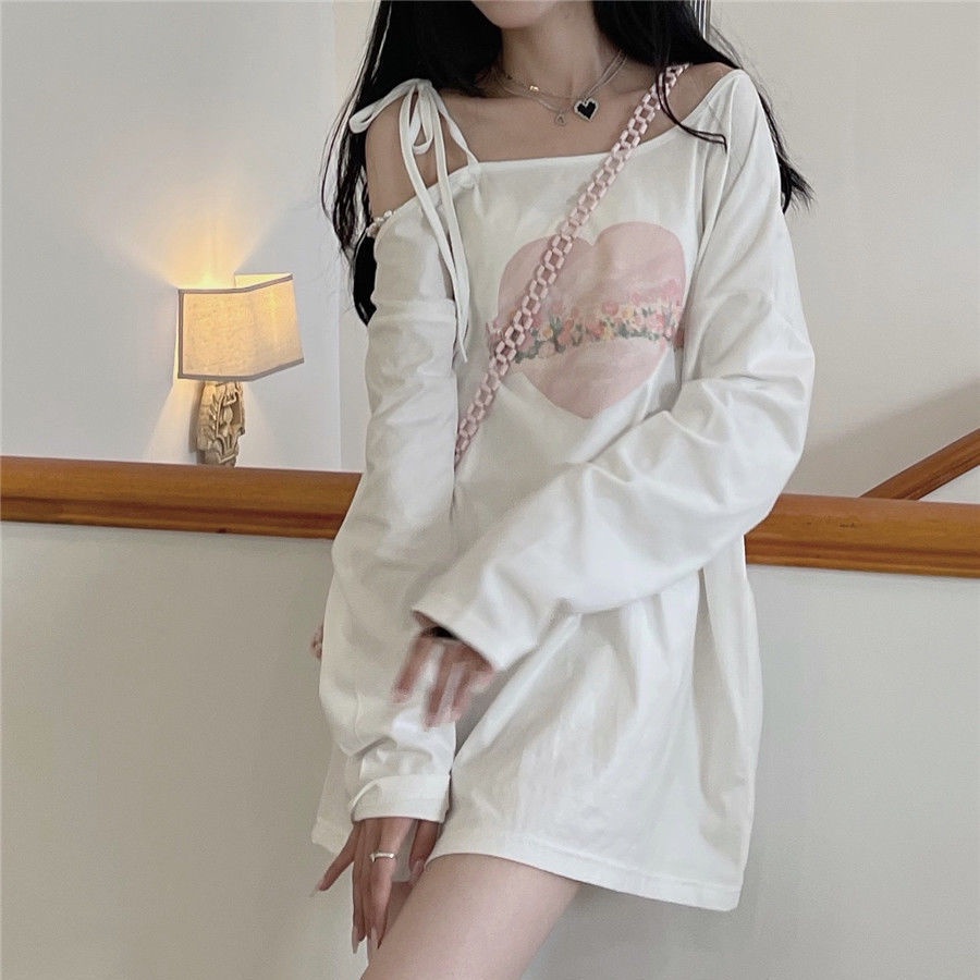 Jiashucheng Áo Thun Tay Dài Dáng Rộng Hở Vai In Họa Tiết Phong Cách Nhật Bản Thời Trang Mùa Hè Dành Cho Bạn Nữ