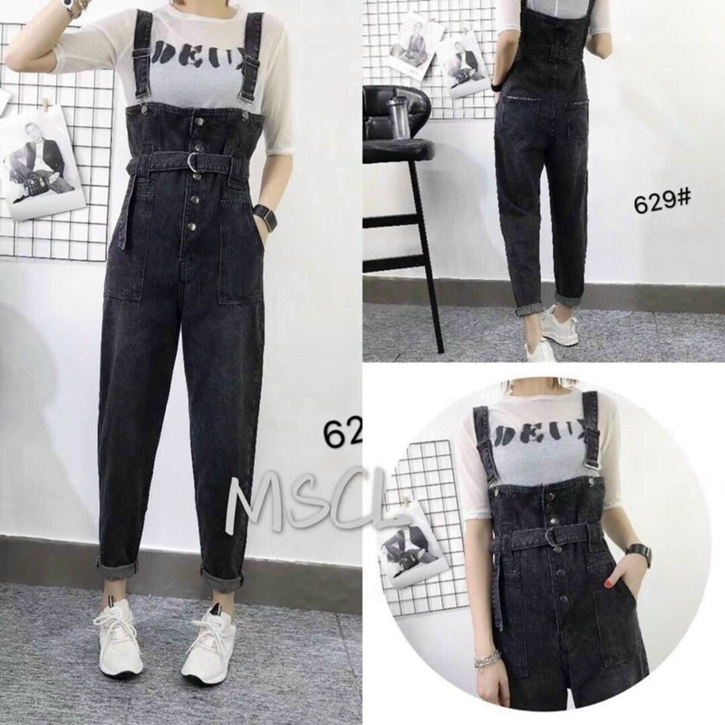 Yếm jeans co giãn khói kèm đai thắt