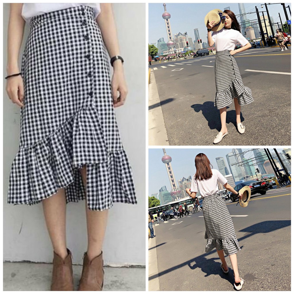 Chân váy chữ A đuôi cá vạt chéo kẻ caro - Chân Váy Dài Nhún Bèo Lưng Thun Co Giãn Phong Cách Vintage CV16