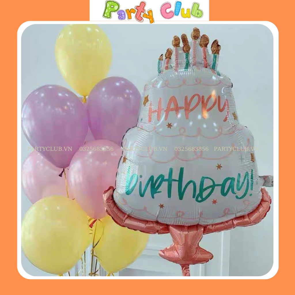 Bóng bánh kem Happy Birth Day màu trắng vintage trang trí sinh nhật