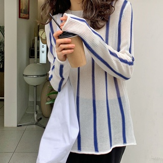 (ORDER) Áo len dệt kim mỏng dài tay kẻ sọc màu xanh trắng style Hàn Quốc