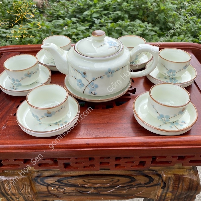 Bộ ấm trà, gốm sứ Bát tràng cao cấp bộ ấm chén tách trà vẽ hoa sen hoa đào