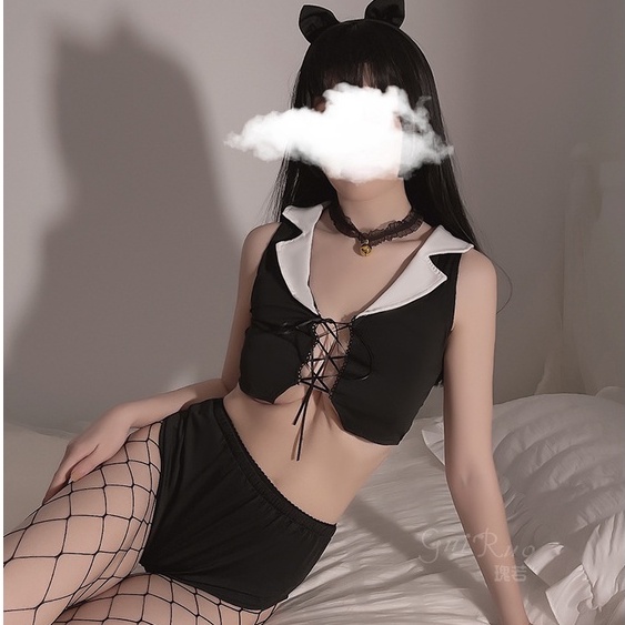 Bộ đồ ngủ croptop hóa trang miêu nữ xuyên thấu sexy - cosplay mèo kitty gợi cảm