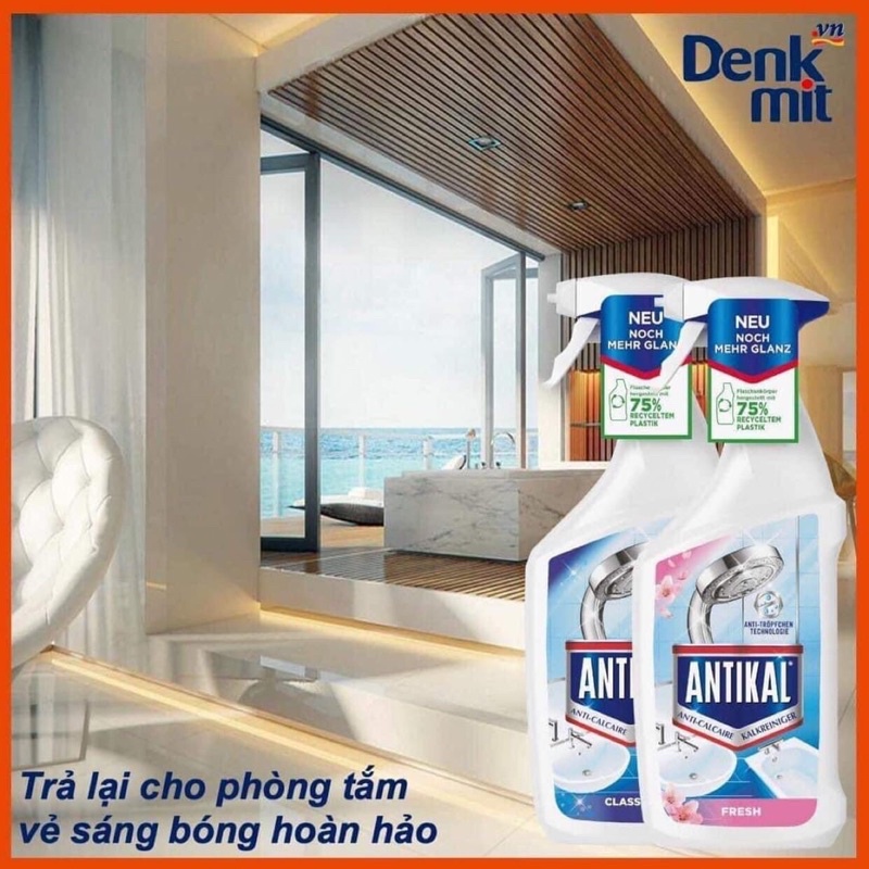 Bình xịt Antikal tẩy cặn canxi trên inox, vách ngăn kính nhà tắm, tường trong nhà tắm 750ml - hàng Đức