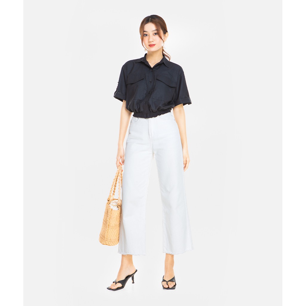 HNOSS - Sơmi Crop Linen Ngắn Tay - AKI012