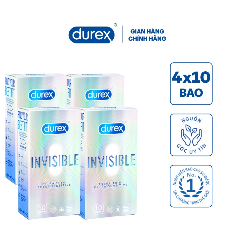 Bộ 3 hộp bao cao su Durex Invisible (10 bao/hộp, size 52mm) + Tặng 1 hộp cùng loại