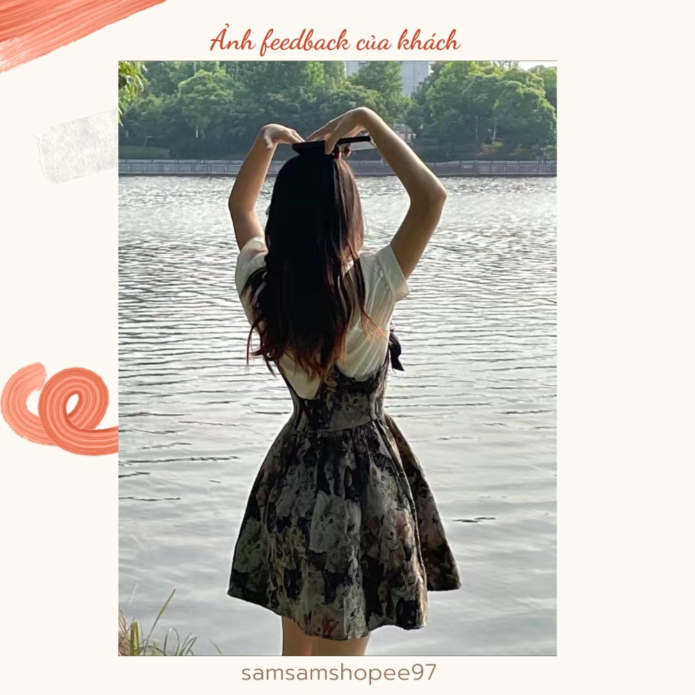 Set áo sơ mi và váy hai dây in hình mèo xinh xắn
